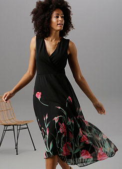 Black Floral Print Chiffon Skirt Dress by Aniston
