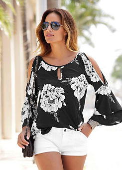 Black Floral Trumpet Sleeve Beach Top by LASCANA