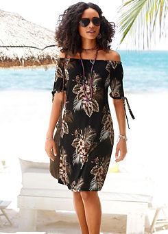 Black Print Beach Dress with Strappy Sleeves by Beachtime