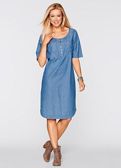 Blue Bleached Piped Chambray Denim Dress by bpc bonprix collection