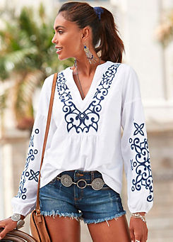 Embroidered V-Neck Long Sleeve Blouse by LASCANA