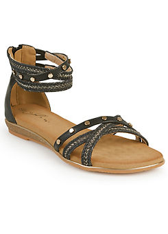 Exclusive Black Stud Braided Ankle Strap Flat Sandals by Lunar