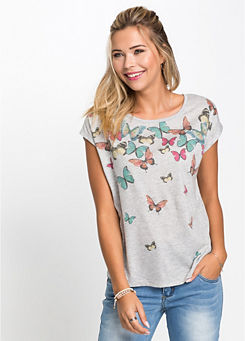 Grey Marl Butterfly Print T-Shirt by RAINBOW