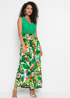 Lace Bodice Tropical Print Maxi Dress by bonprix