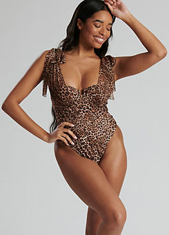 Leopard Underwire & Mesh Overlay Tie Shoulder Detail Swimsuit by South Beach