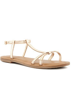Lunas Rose Gold T Bar Leather Flat Sandals by Head Over Heels By Dune