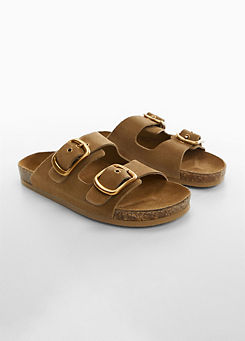 Micky Brown Double Buckle Leather Sandals by Mango