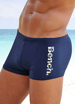 Navy Boxer Swimming Trunks by Bench