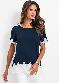 Navy Lace Trim T-Shirt by bpc selection