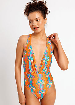 Orange Print Plunge Neckline Swimsuit by Chelsea Peers