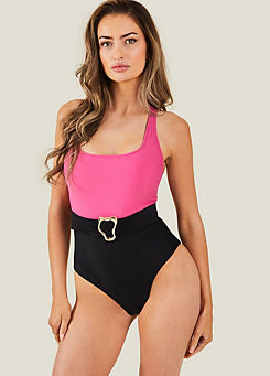 Pink Colour Block Belt Swimsuit by Accessorize