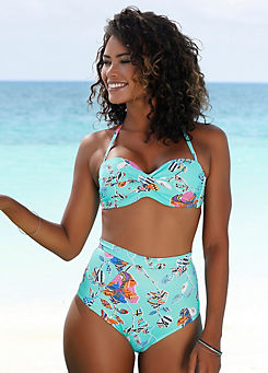 Turquoise Print Patchwork Floral Print Underwired Bandeau Bikini Top by sunseeker