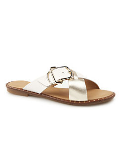 White & Gold Italian Crossover Mule Flat Sandals by Kaleidoscope
