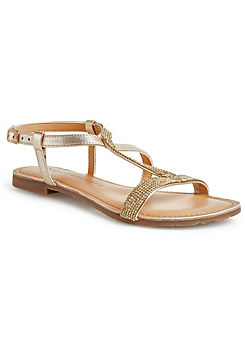 Wide Fitting Gold Diamante Leather Sandals by Kaleidoscope