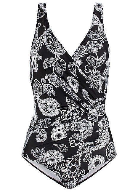 Black Print Wraparound Shaper Swimsuit by bpc selection | Swimwear365