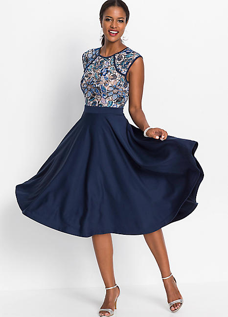 Dark Blue Floral Lace Bodice Dress by BODYFLIRT boutique | Swimwear365