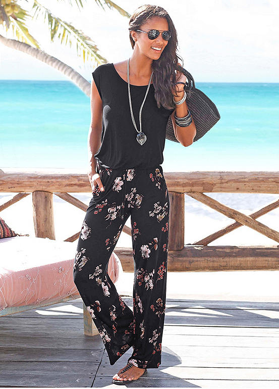 Black Floral Printed Sleeveless Jumpsuit by LASCANA