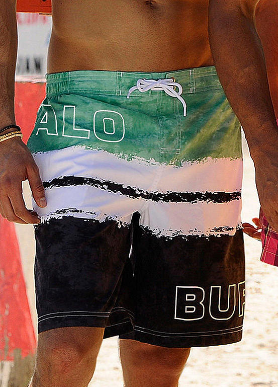 Black Multi Green Block Stripe Swim Shorts by Buffalo