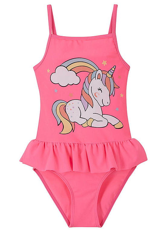 Neon Pink Girls Unicorn Swimsuit by bonprix | Swimwear365
