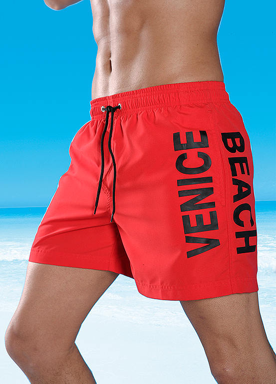 Red Dynamic Print Swimming Shorts by Venice Beach
