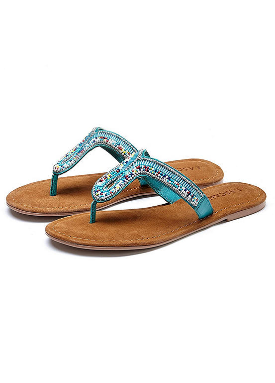 Turquoise Leather Toe-Post Sandals by LASCANA
