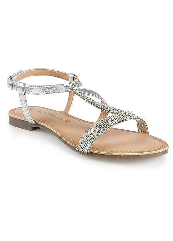 Wide Fitting Silver Diamante Leather Sandals by Kaleidoscope