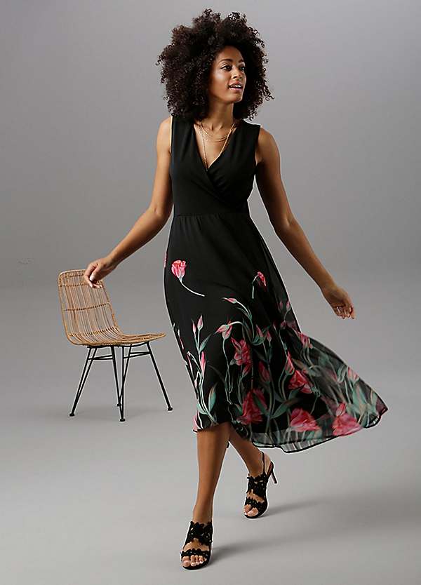 Black Floral Print Chiffon Skirt Dress by Aniston