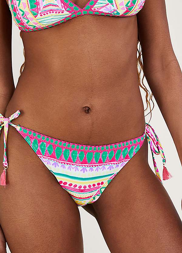 Pink Mosaic Print Crochet Trim Bikini Bottoms with Recycled