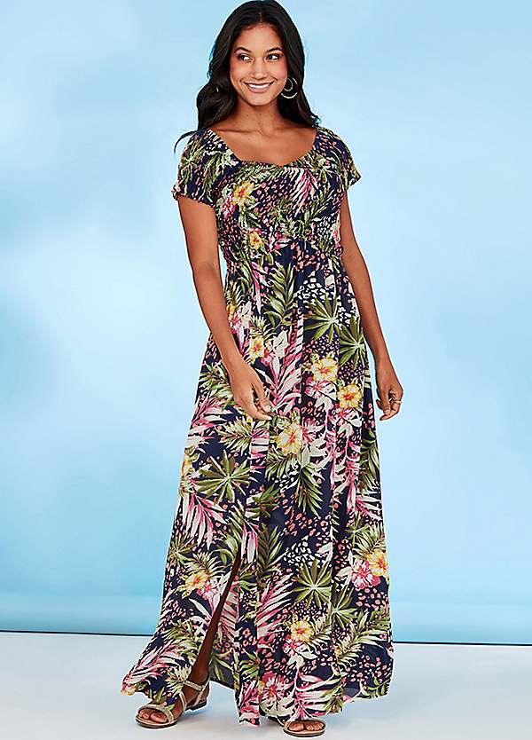 Tropical print crossover cheap split maxi dress