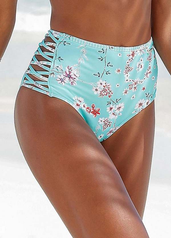 Turquoise Print Patchwork Floral Print High Waist Bikini Briefs by sunseeker